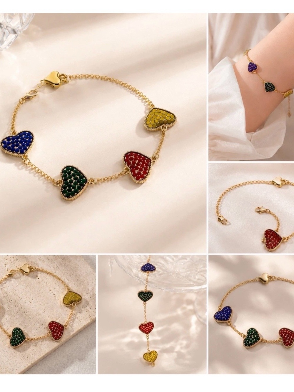 Gold Heart Charm Bracelet with Red, Blue, Green and Yellow Accents